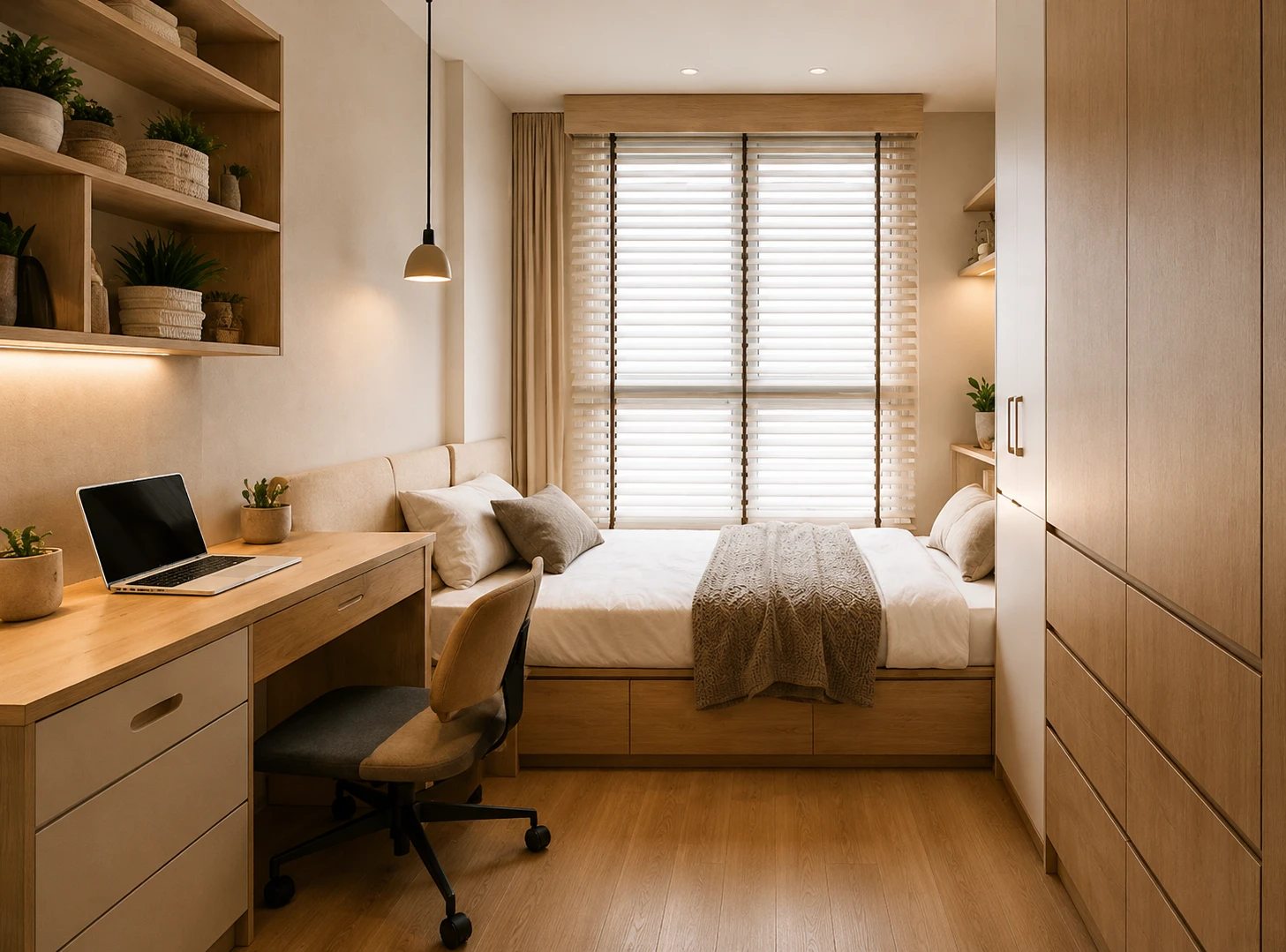 Common bedroom in a Singapore HDB with Japandi study and storage planning